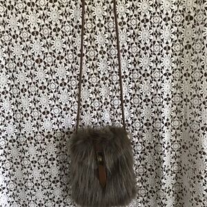 Faux Fur Crossbody Bag in Gray with Brown Strap